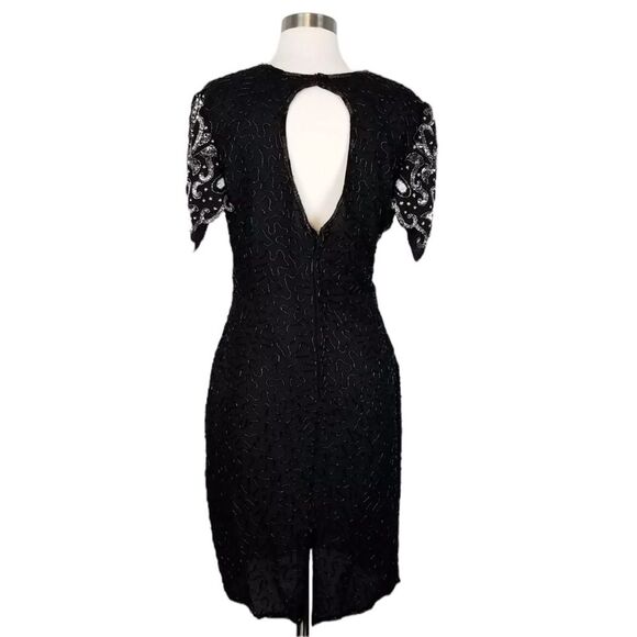 Vintage Laurence Kazar 100% Silk Silver & Black Sequin Beaded Dress glam 80’s L - Picture 2 of 13
